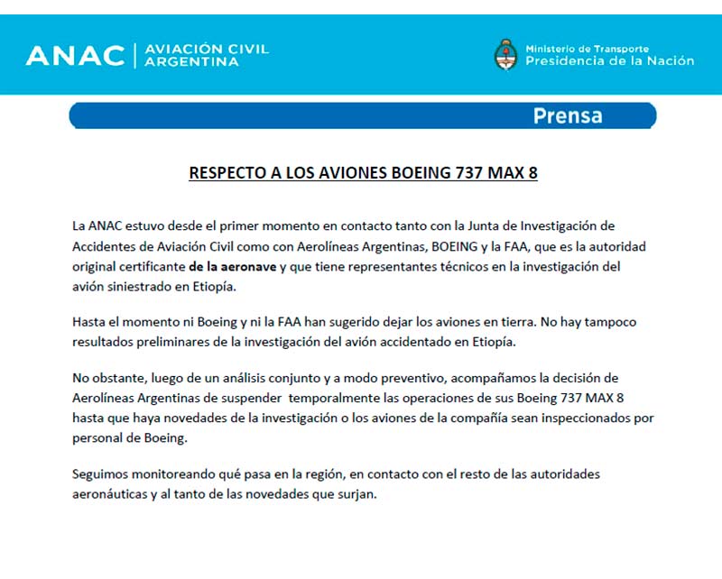 ANAC - Comunicado de prensa sobre los Boeing 737 MAX8 (03122019)