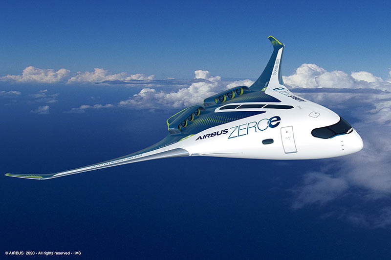 Cero emisiones: Airbus presentó tres conceptos de aviones comerciales que utilizarán hidrógeno como fuente de energía primaria Airbus ZEROe (Blended Wing Body Concept)