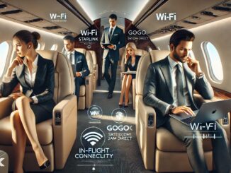 Pasajeros en jet privado utilizando conectividad en vuelo de Gogo y Starlink
