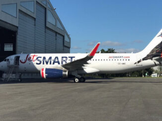 Décimo Airbus A320 de JetSMART en Argentina estacionado frente a un hangar