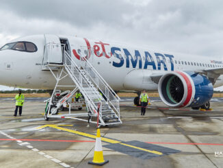 Avión Airbus A320neo de JetSMART estacionado en el aeropuerto, listo para abordar pasajeros, representando la expansión de la flota en Argentina en 2025