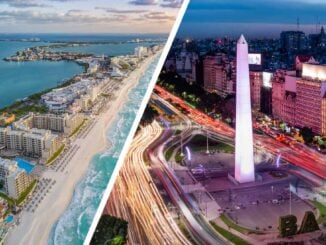 Vista aérea de Salvador de Bahía con sus playas tropicales junto al Obelisco de Buenos Aires, representando la nueva conexión directa anunciada por SKY Airline.