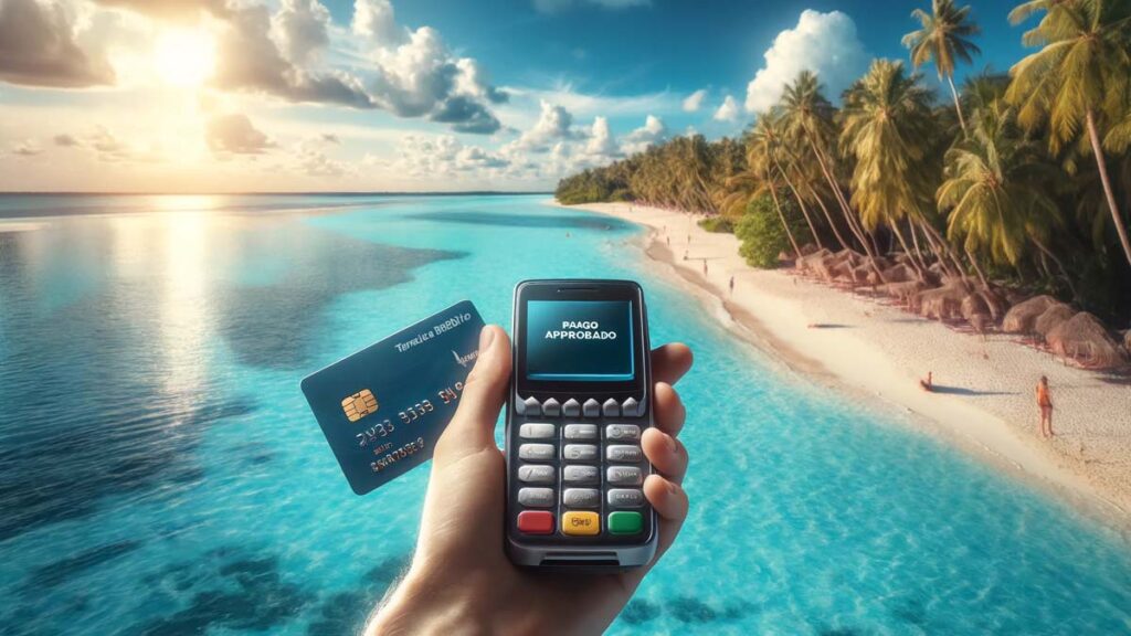Despegar habilita pagos en dólares con tarjeta de débito en Argentina Pago en dólares con tarjeta de débito para viajes, con vista a una playa paradisíaca.