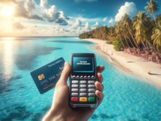 Pago en dólares con tarjeta de débito para viajes, con vista a una playa paradisíaca.