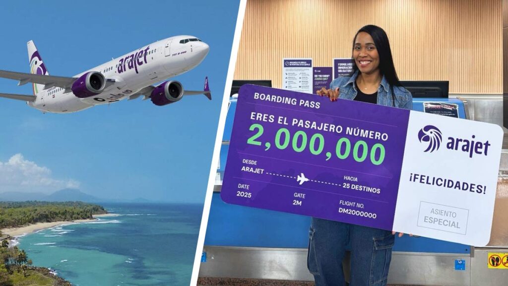 Arajet alcanza los 2 millones de pasajeros y consolida su expansión regional Pasajera número 2 millones de Arajet con boarding pass simbólico y avión de la aerolínea dominicana sobrevolando el Caribe