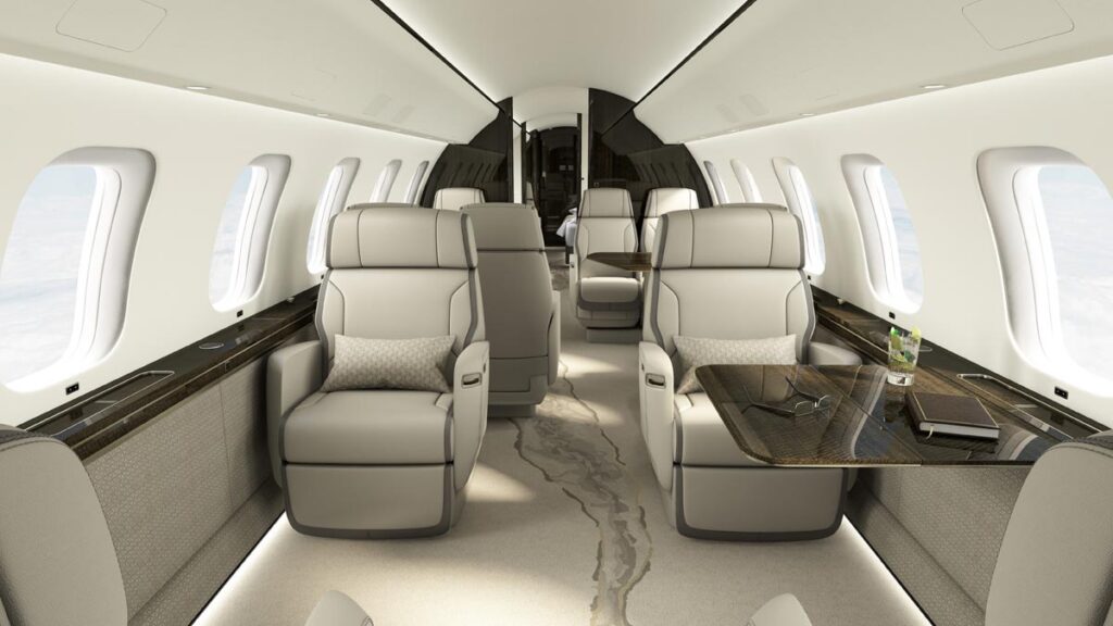 Interior del Bombardier Global 8000, jet ejecutivo de ultra lujo con cabina premium