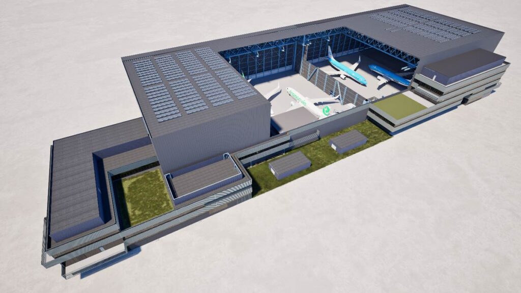 KLM construye un hangar sustentable para mantenimiento en Schiphol Render del nuevo hangar sustentable de KLM y Transavia en Schiphol para mantenimiento de aeronaves Airbus