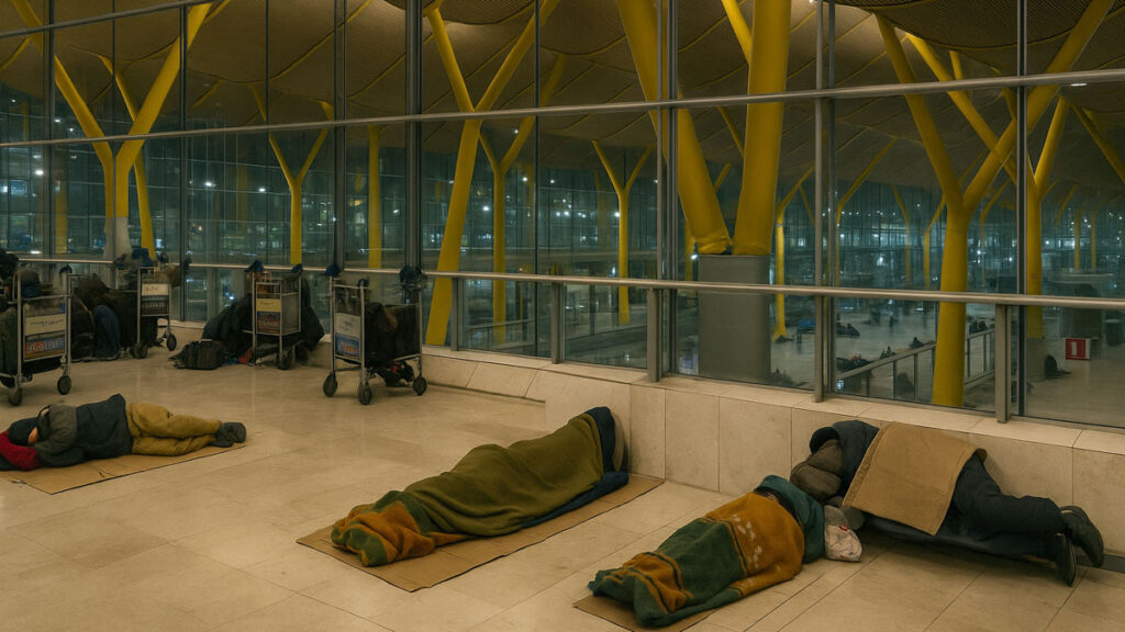 Aena limita el acceso en Barajas por la presencia de los sintecho Personas sin hogar durmiendo en el Aeropuerto Adolfo Suárez Madrid-Barajas durante la noche.