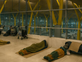 Personas sin hogar durmiendo en el Aeropuerto Adolfo Suárez Madrid-Barajas durante la noche.