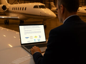 Persona leyendo en una laptop un comunicado del sector aeronáutico argentino dentro de un hangar