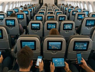 Pasajeros utilizando WiFi con conectividad de Starlink y pantallas de entretenimiento a bordo en un avión comercial