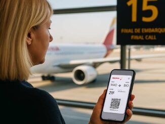 Pasajera en el aeropuerto de Barajas muestra la nueva tarjeta de embarque dinámica de Iberia desde su móvil