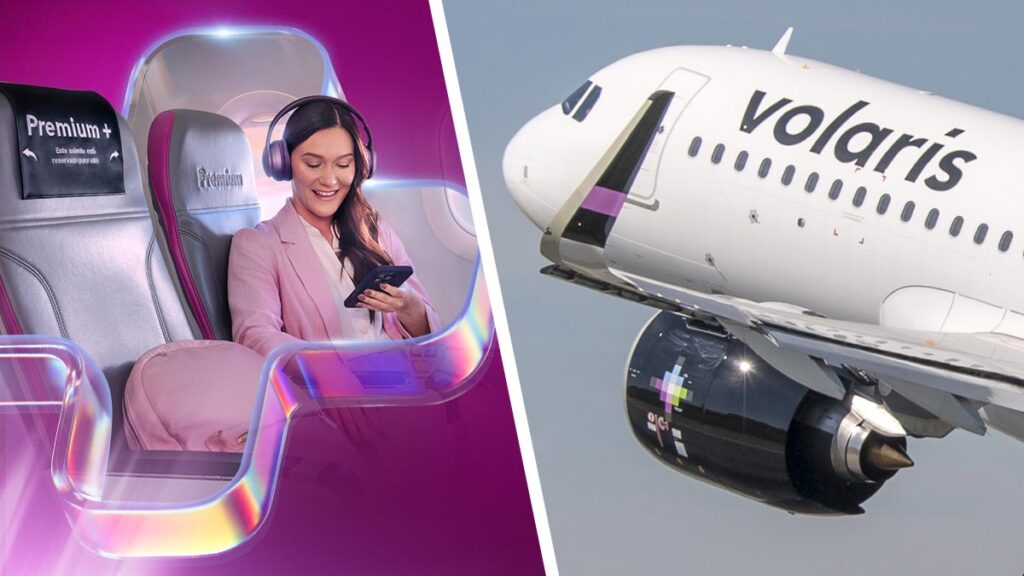 Volaris lanza Premium+ con más espacio y beneficios exclusivos a bordo Asientos Premium+ de Volaris con mayor espacio y beneficios exclusivos, junto a un avión de la aerolínea en vuelo.