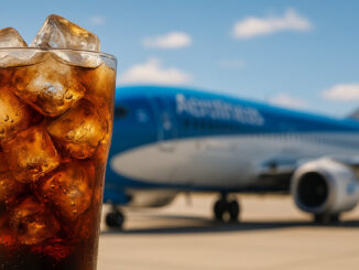 Vaso con bebida con hielo en primer plano y un avión Boeing 737-800 de Aerolíneas Argentinas desenfocado al fondo en una plataforma de aeropuerto.