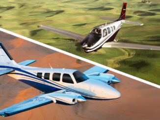 Textron Aviation Beechcraft Bonanza y Baron en vuelo sobre paisajes de campo y desierto