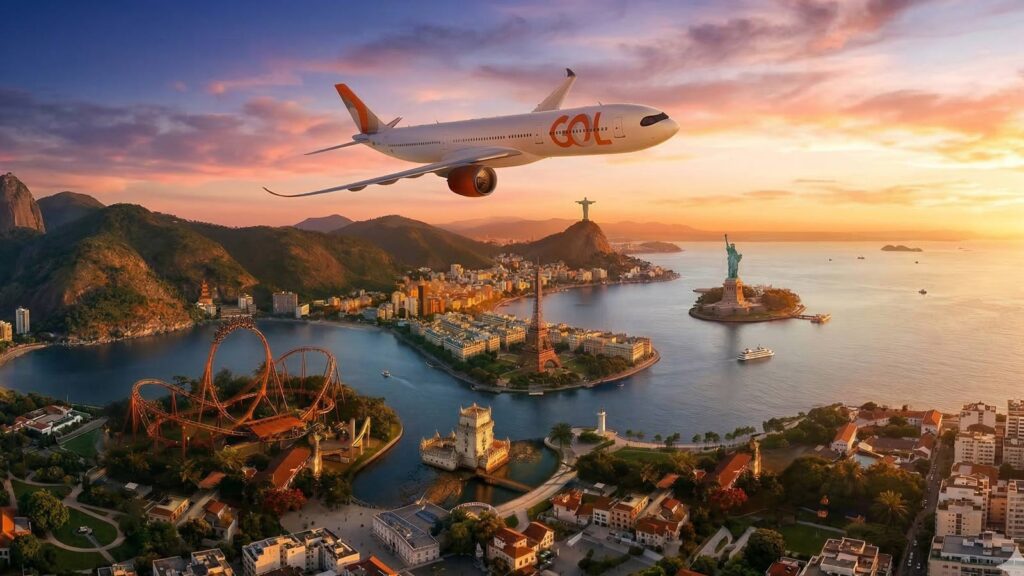 GOL expande sus vuelos internacionales a Nueva York, París y Lisboa Un avión Airbus A330 de GOL volando sobre un paisaje compuesto que integra Río de Janeiro con monumentos icónicos de sus nuevos destinos internacionales