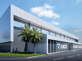 Render de la fachada de la nueva terminal e-commerce de Latin America Cargo City en el Aeropuerto de Carrasco.