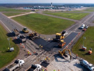 Maquinaria pesada realizando obras de repavimentación en la pista del Aeropuerto de Ezeiza, afectando los vuelos de Aerolíneas Argentinas