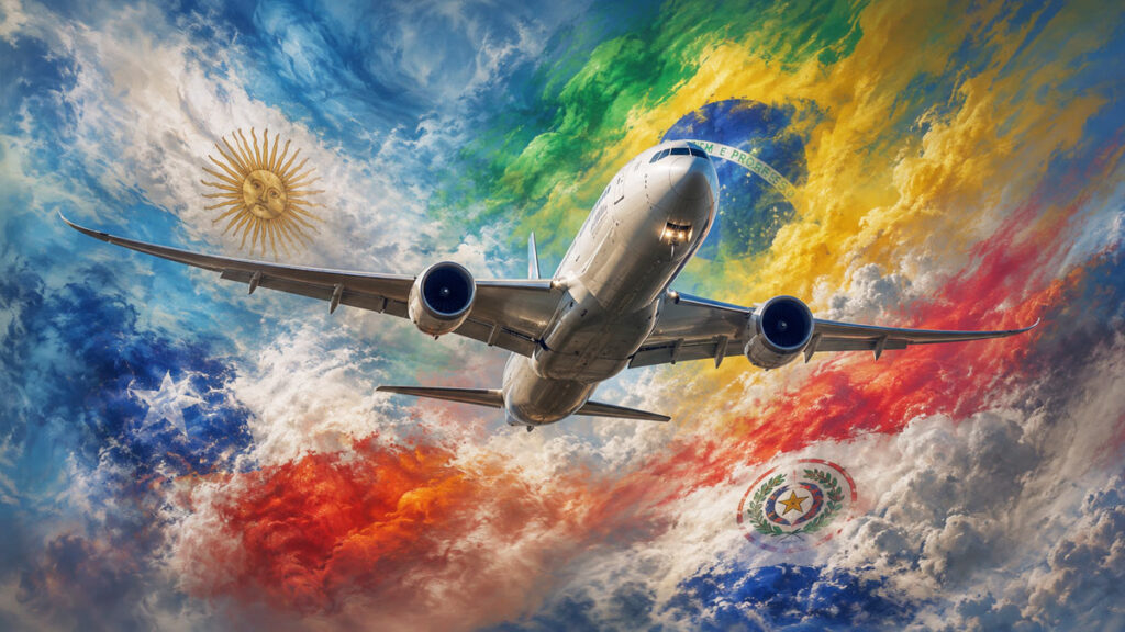 Argentina, Brasil, Chile y Paraguay impulsan la creación del Cielo Único Sudamericano Avión comercial en vuelo sobre un cielo ilustrado con las banderas de Argentina, Brasil, Chile y Paraguay, representando el bloque unificado.