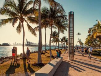 Personas paseando por un parque costero con palmeras al atardecer en la ciudad de Miami.