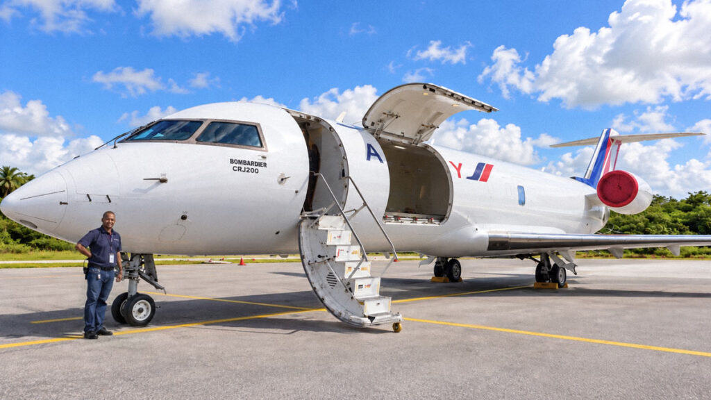 Air Century incorpora un CRJ200SF para fortalecer sus operaciones de carga Vista exterior del jet carguero CRJ200SF de Air Century en plataforma, mostrando su puerta de carga lateral abierta