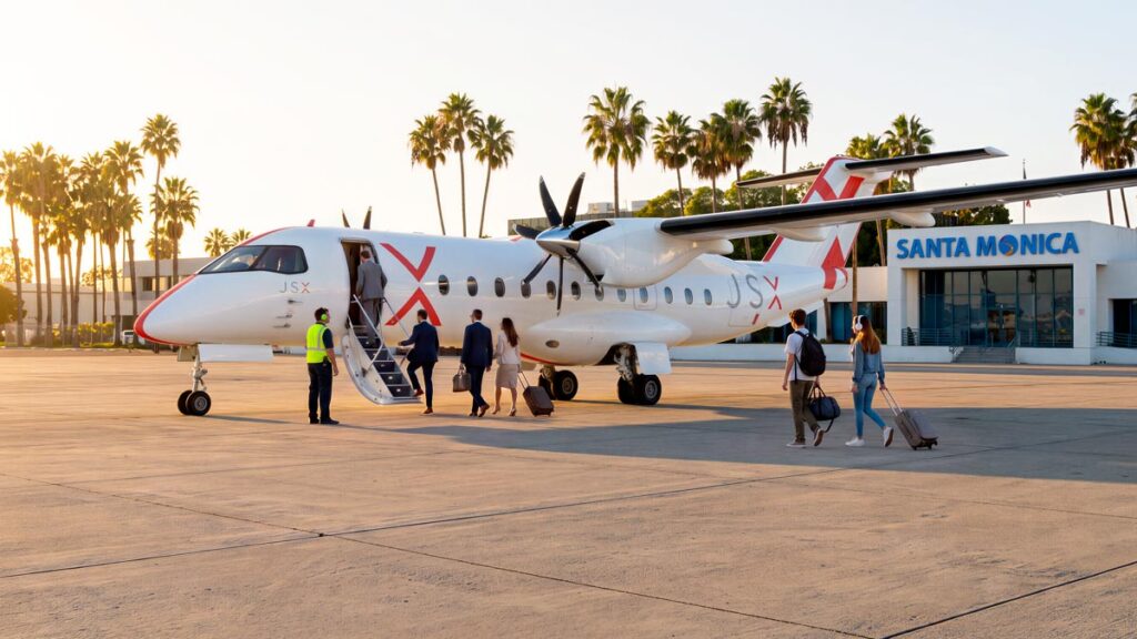 Heart Aerospace develó su avión híbrido-eléctrico ES-36 y JSX encargó hasta 100 unidades Pasajeros abordando el nuevo avión híbrido-eléctrico ES-36 de Heart Aerospace con la identidad visual de la aerolínea JSX en la plataforma del aeropuerto de Santa Mónica.