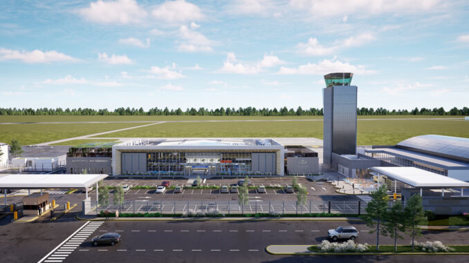 Render arquitectónico de la nueva terminal de aviación general y ejecutiva que Aeropuertos Argentina construirá en el Aeropuerto Internacional de San Fernando (FDO).