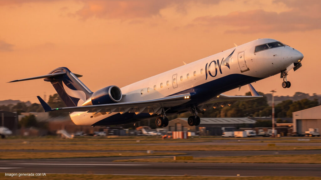 Avión regional Bombardier CRJ-200 con el esquema de pintura de JOY Airline despegando de la pista de un aeropuerto al atardecer.
